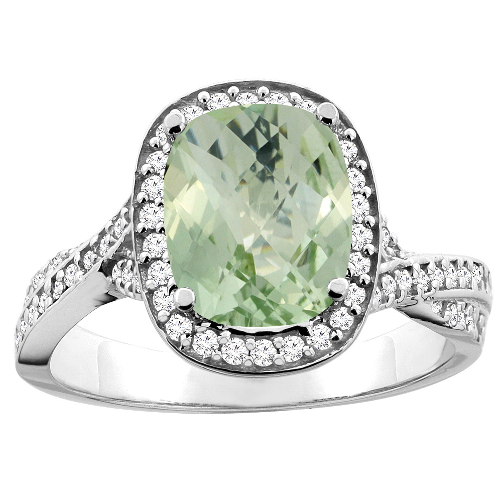 10K White/Yellow Gold Diamond Halo Genuine Green Amethyst Ring Cushion 9x7mm Accent sizes 5 - 10