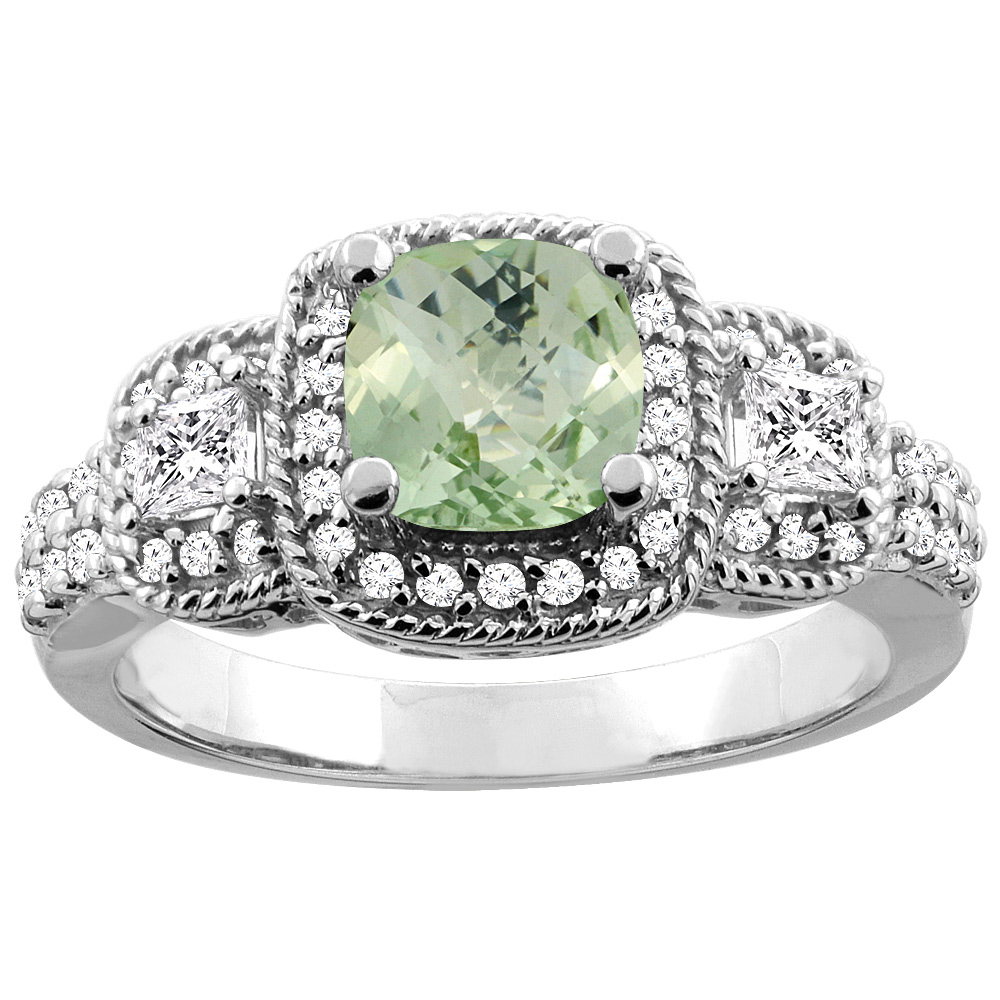 14K White/Yellow Gold Natural Green Amethyst Ring Cushion-cut 6x6 mm Diamond Accent, sizes 5 - 10