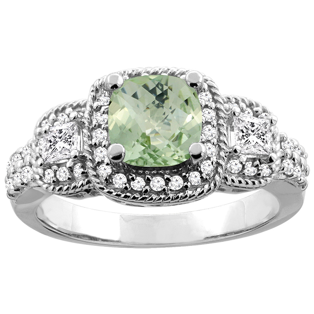 10K White/Yellow Gold Genuine Green Amethyst Ring Cushion 6x6 mm Diamond Accent sizes 5 - 10