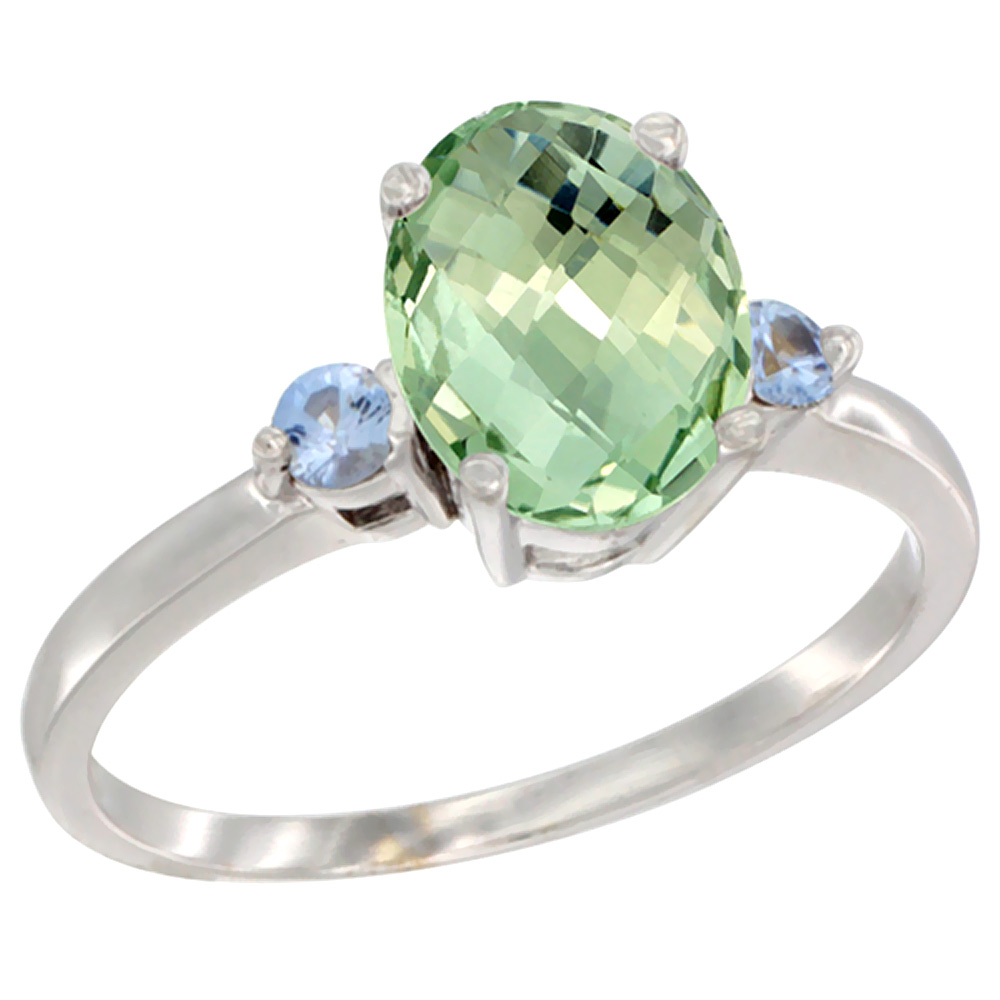 14K White Gold Natural Green Amethyst Ring Oval 9x7 mm Light Blue Sapphire Accent, sizes 5 to 10