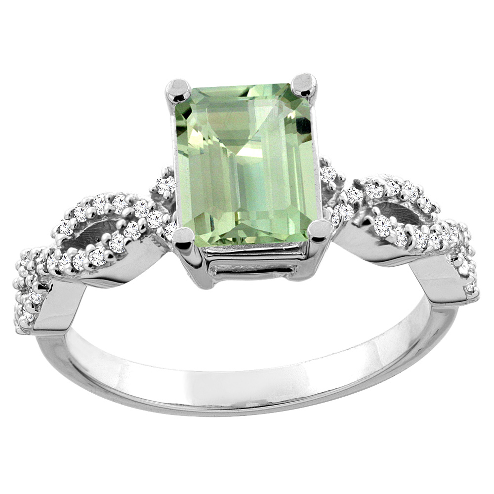 14K White/Yellow Gold Natural Green Amethyst Eternity Ring Octagon 9x7mm Diamond Accent, sizes 5 - 10