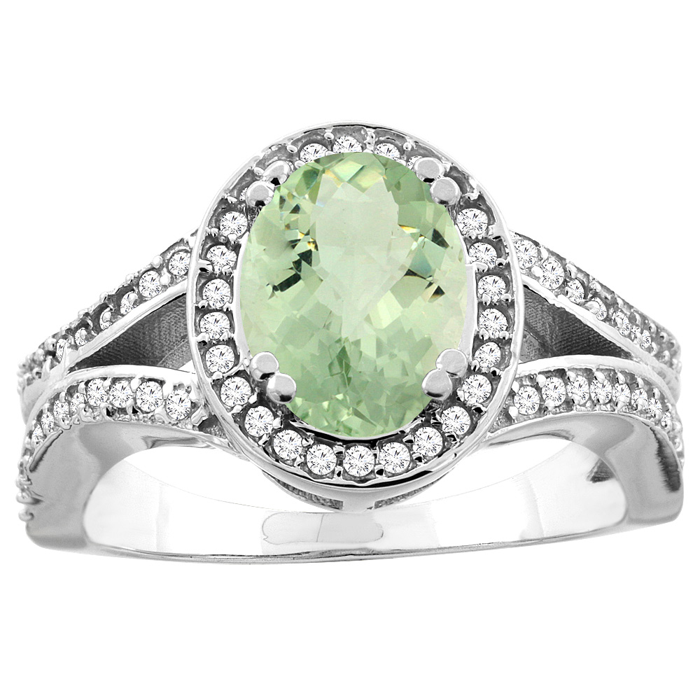 10K White/Yellow Gold Genuine Green Amethyst Split Ring Oval 8x6mm Diamond Accent sizes 5 - 10