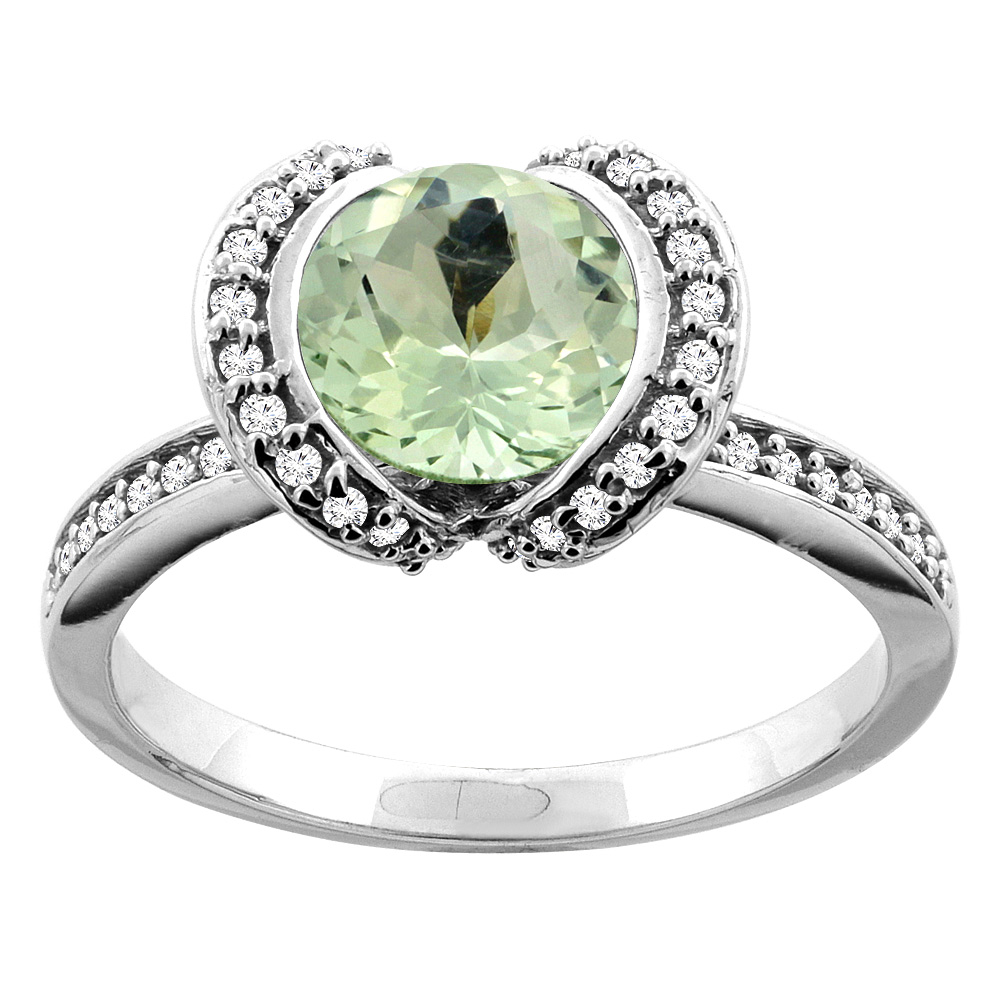 10K White/Yellow Gold Genuine Green Amethyst Ring Round 7mm Diamond Accent sizes 5 - 10