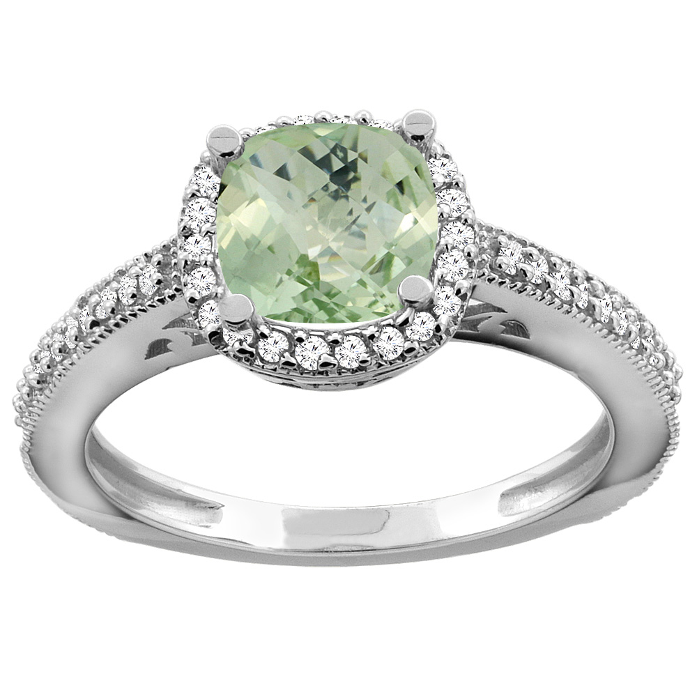 14K Yellow Gold Natural Green Amethyst Engagement Ring Diamond Halo Cushion 7mm, sizes 5 - 10