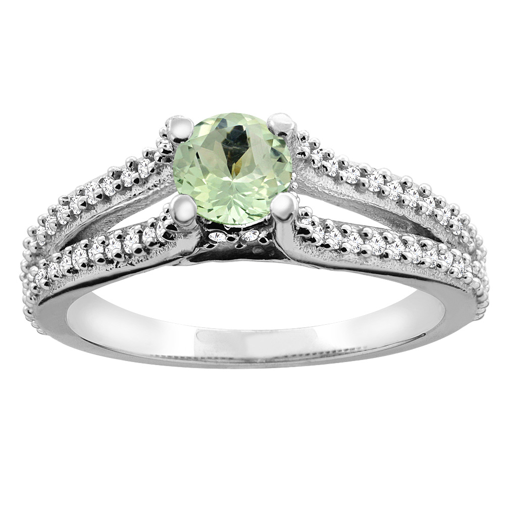 10K Yellow Gold Genuine Green Amethyst Engagement Split Shank Ring Round 5mm Diamond Accents sizes 5 - 10