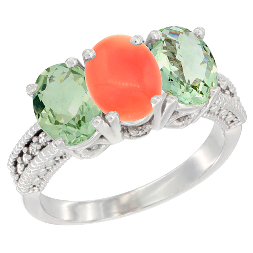 14K White Gold Natural Coral & Green Amethyst Sides Ring 3-Stone 7x5 mm Oval Diamond Accent, sizes 5 - 10