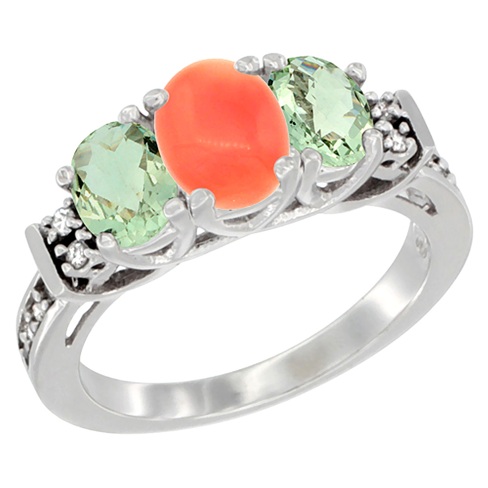 14K White Gold Natural Coral & Green Amethyst Ring 3-Stone Oval Diamond Accent, sizes 5-10