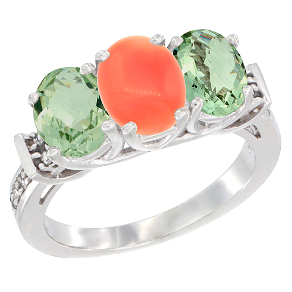 10K White Gold Natural Coral &amp; Green Amethyst Sides Ring 3-Stone Oval Diamond Accent, sizes 5 - 10