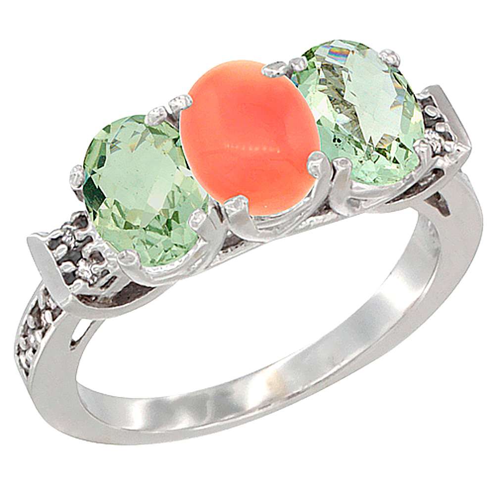 14K White Gold Natural Coral & Green Amethyst Sides Ring 3-Stone 7x5 mm Oval Diamond Accent, sizes 5 - 10