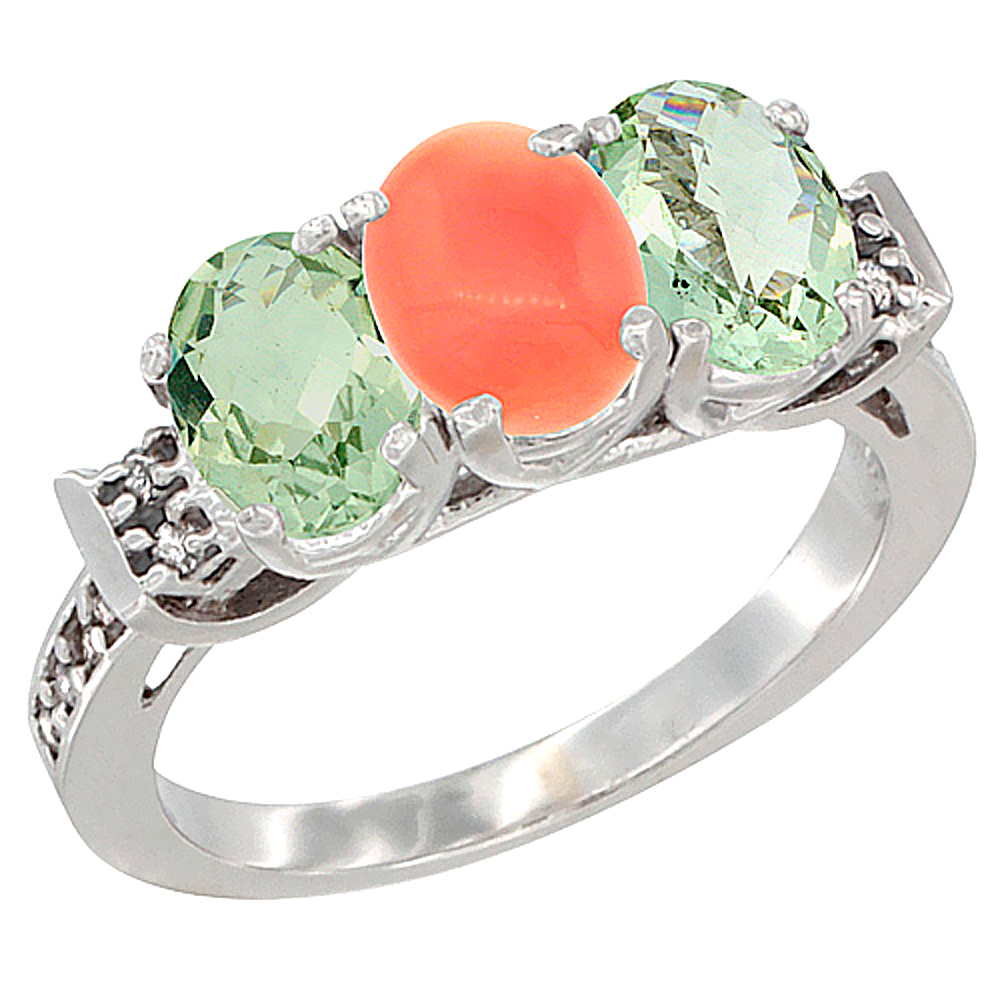 10K White Gold Natural Coral &amp; Green Amethyst Sides Ring 3-Stone Oval 7x5 mm Diamond Accent, sizes 5 - 10