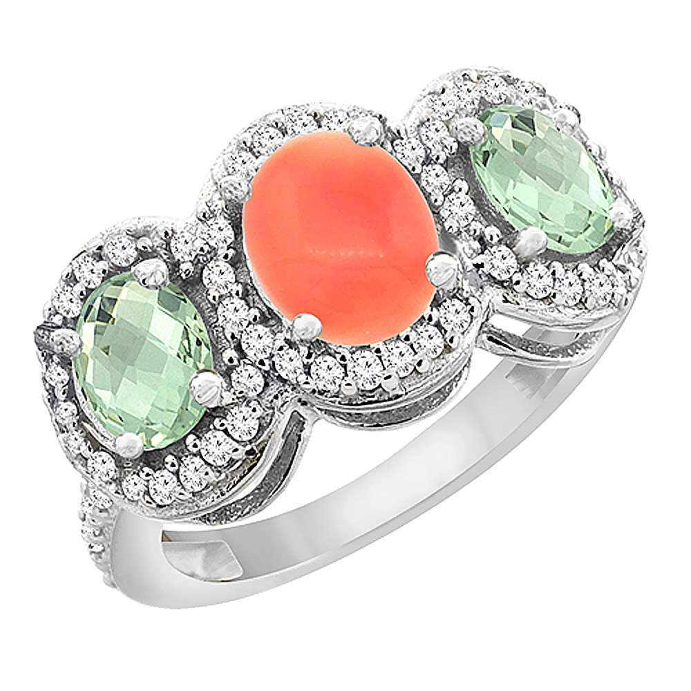 10K White Gold Natural Coral &amp; Green Amethyst 3-Stone Ring Oval Diamond Accent, sizes 5 - 10