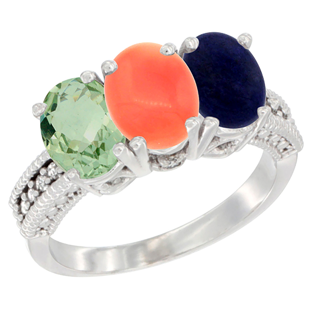 14K White Gold Natural Green Amethyst, Coral & Lapis Ring 3-Stone 7x5 mm Oval Diamond Accent, sizes 5 - 10