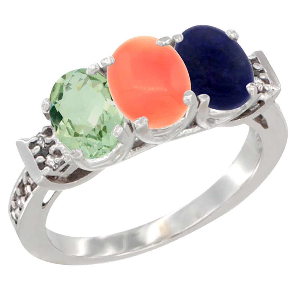14K White Gold Natural Green Amethyst, Coral & Lapis Ring 3-Stone 7x5 mm Oval Diamond Accent, sizes 5 - 10