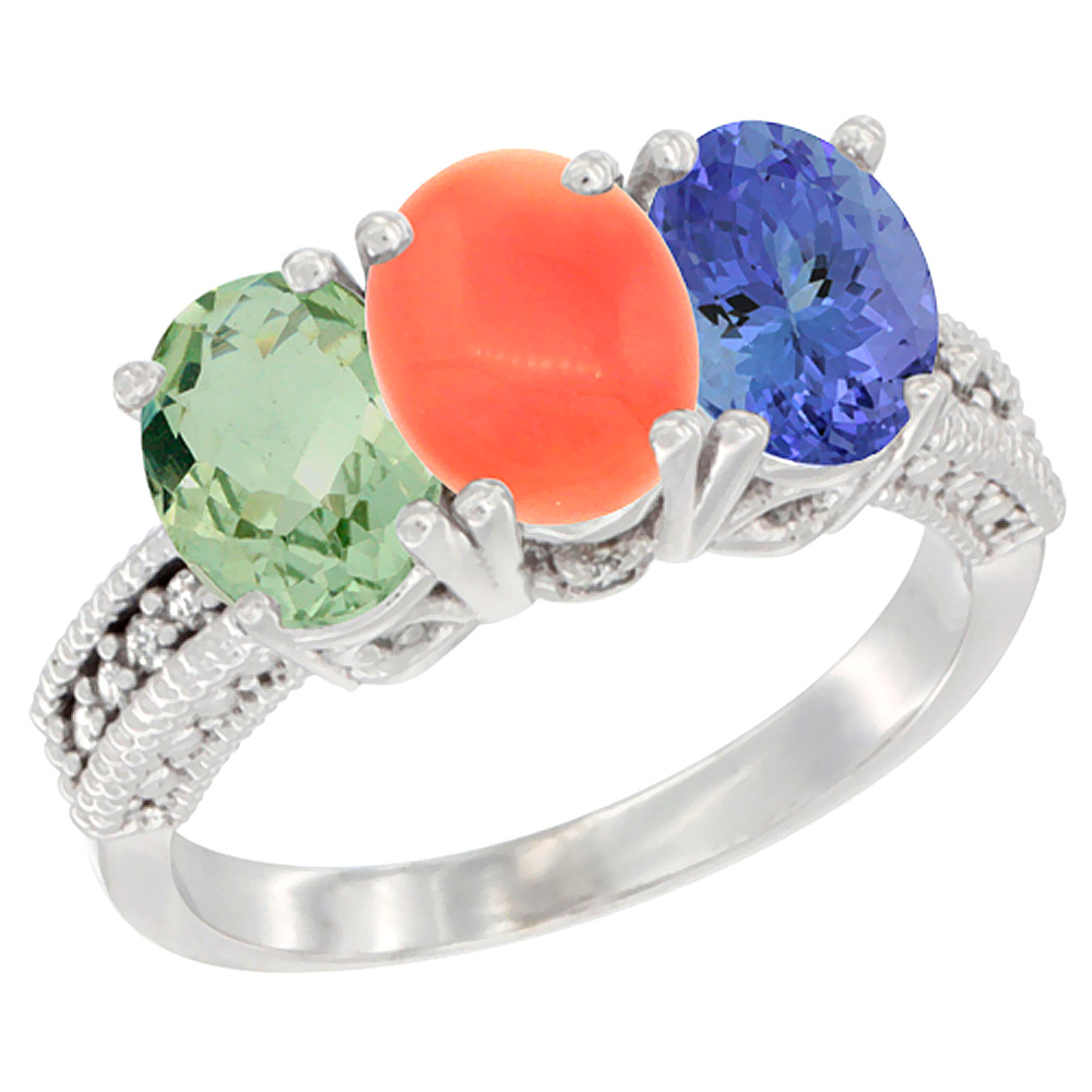 14K White Gold Natural Green Amethyst, Coral &amp; Tanzanite Ring 3-Stone 7x5 mm Oval Diamond Accent, sizes 5 - 10