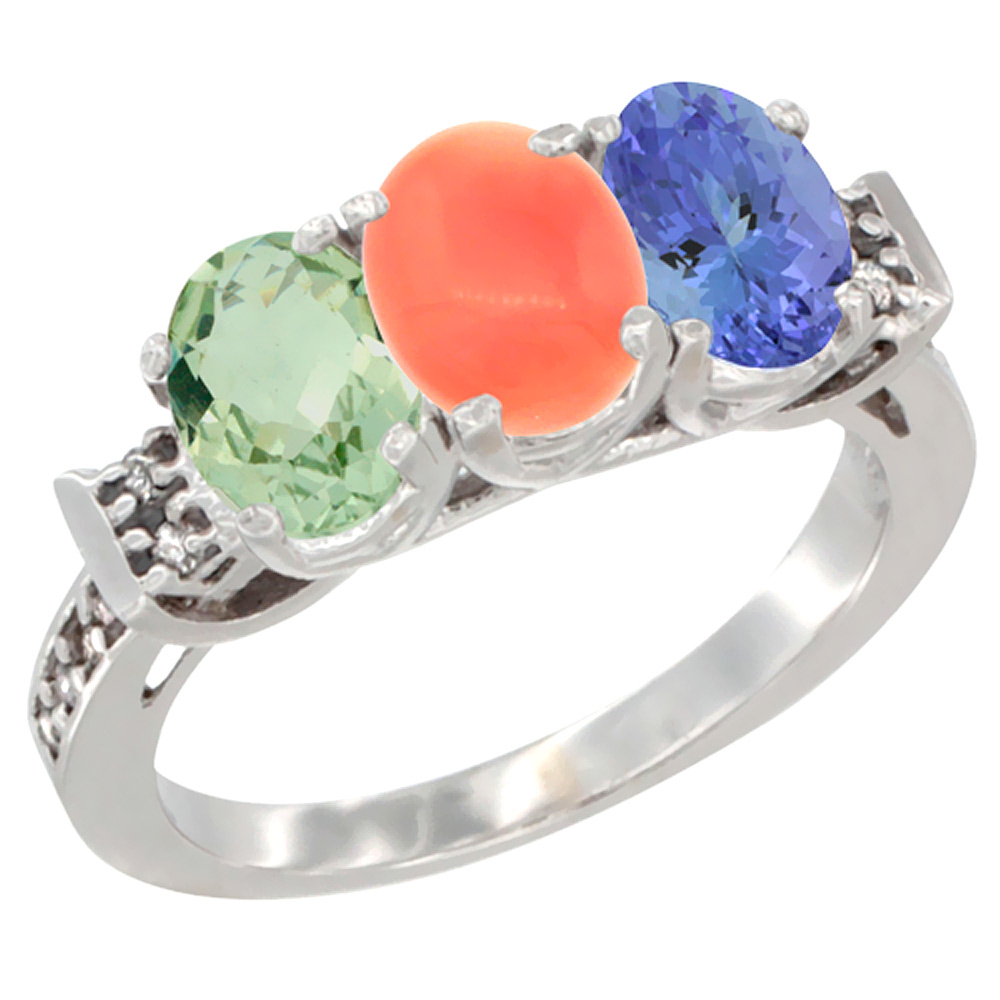 14K White Gold Natural Green Amethyst, Coral &amp; Tanzanite Ring 3-Stone 7x5 mm Oval Diamond Accent, sizes 5 - 10