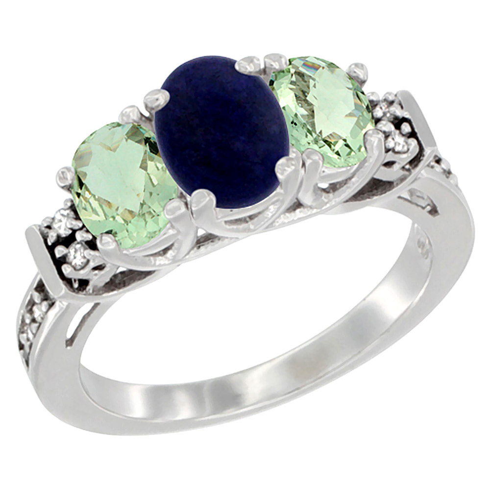 14K White Gold Natural Lapis & Green Amethyst Ring 3-Stone Oval Diamond Accent, sizes 5-10