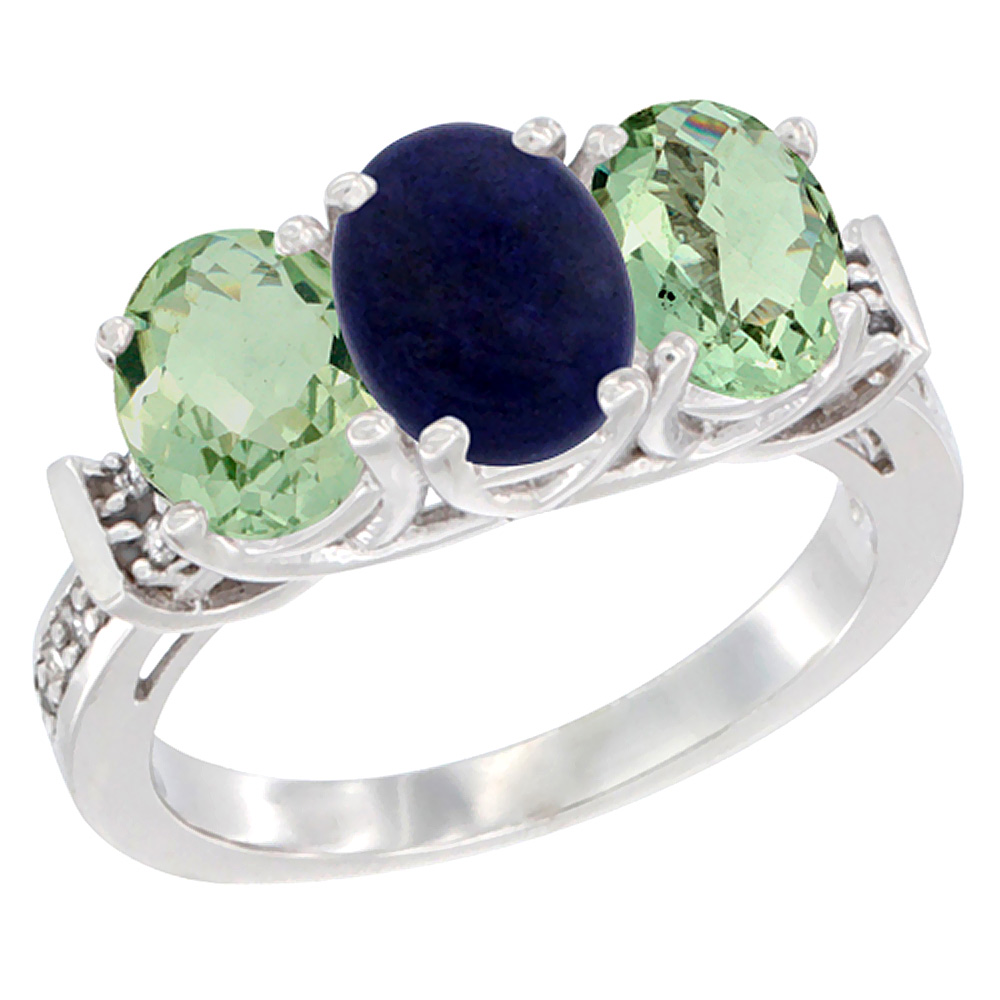 14K White Gold Natural Lapis & Green Amethyst Sides Ring 3-Stone Oval Diamond Accent, sizes 5 - 10