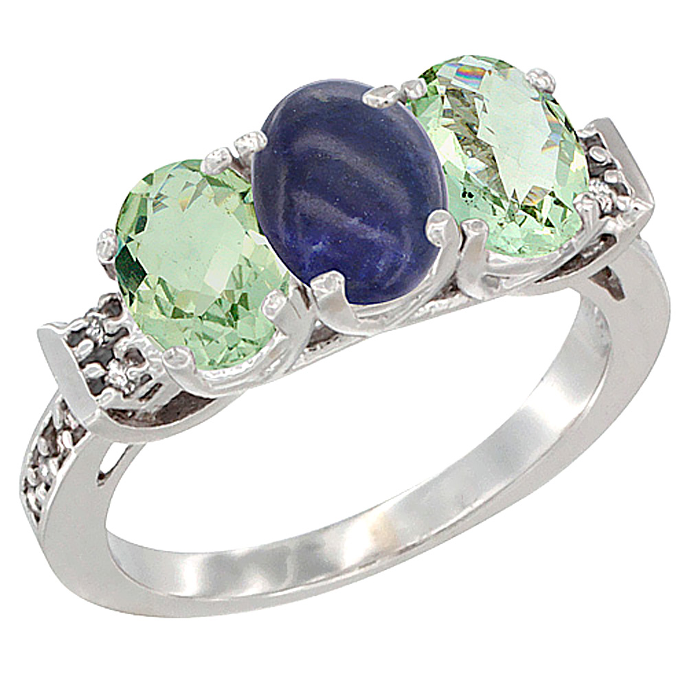 14K White Gold Natural Lapis &amp; Green Amethyst Sides Ring 3-Stone 7x5 mm Oval Diamond Accent, sizes 5 - 10