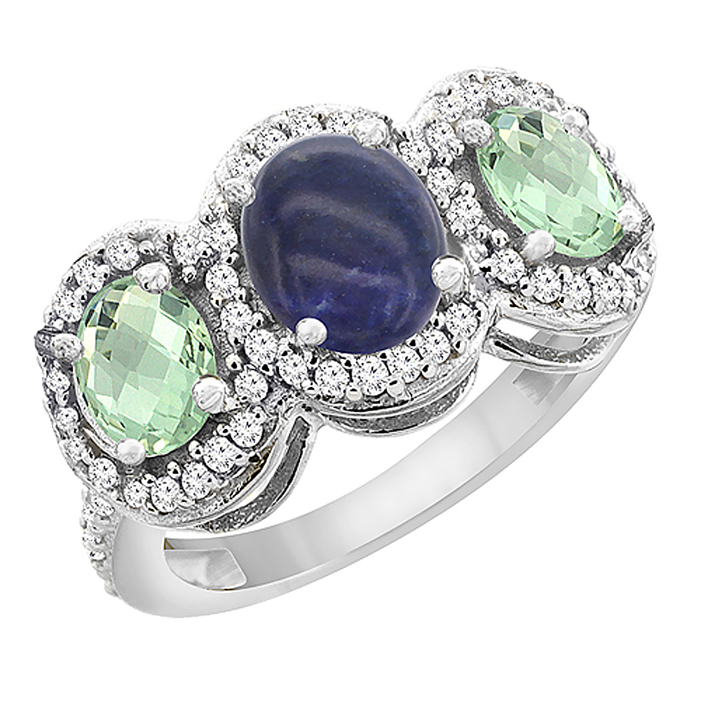 14K White Gold Natural Lapis & Green Amethyst 3-Stone Ring Oval Diamond Accent, sizes 5 - 10