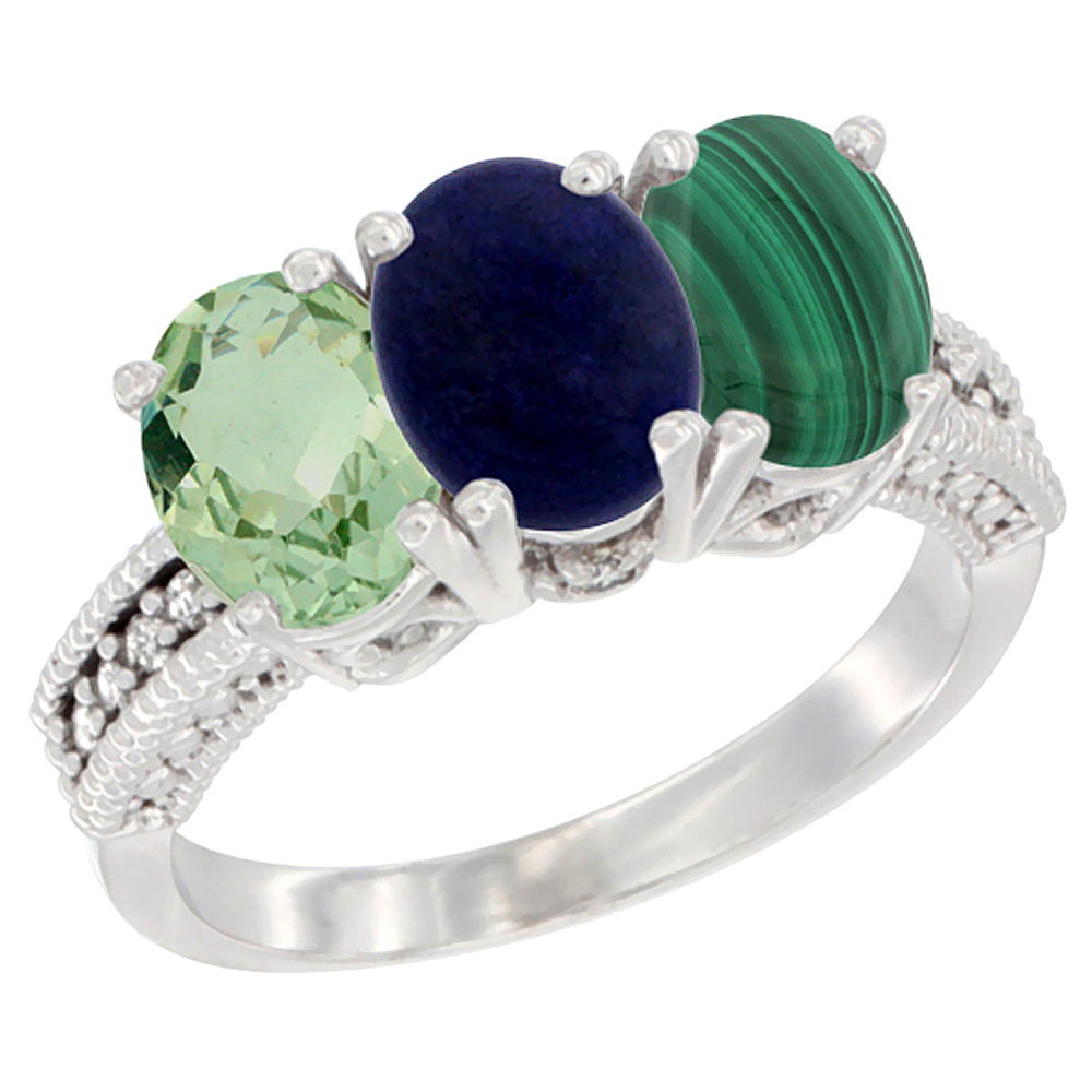 14K White Gold Natural Green Amethyst, Lapis & Malachite Ring 3-Stone 7x5 mm Oval Diamond Accent, sizes 5 - 10