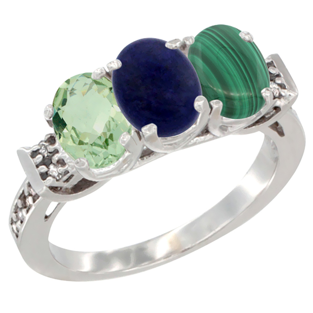 14K White Gold Natural Green Amethyst, Lapis &amp; Malachite Ring 3-Stone 7x5 mm Oval Diamond Accent, sizes 5 - 10