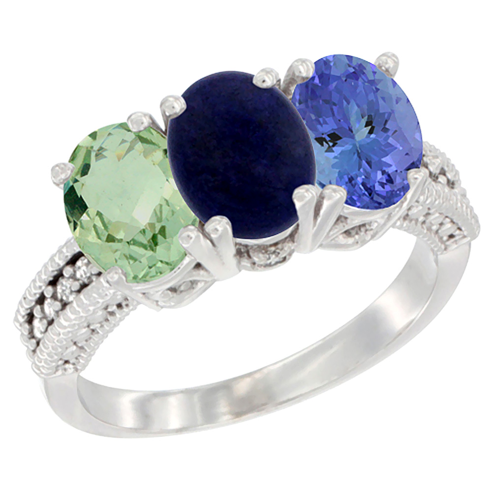 14K White Gold Natural Green Amethyst, Lapis & Tanzanite Ring 3-Stone 7x5 mm Oval Diamond Accent, sizes 5 - 10