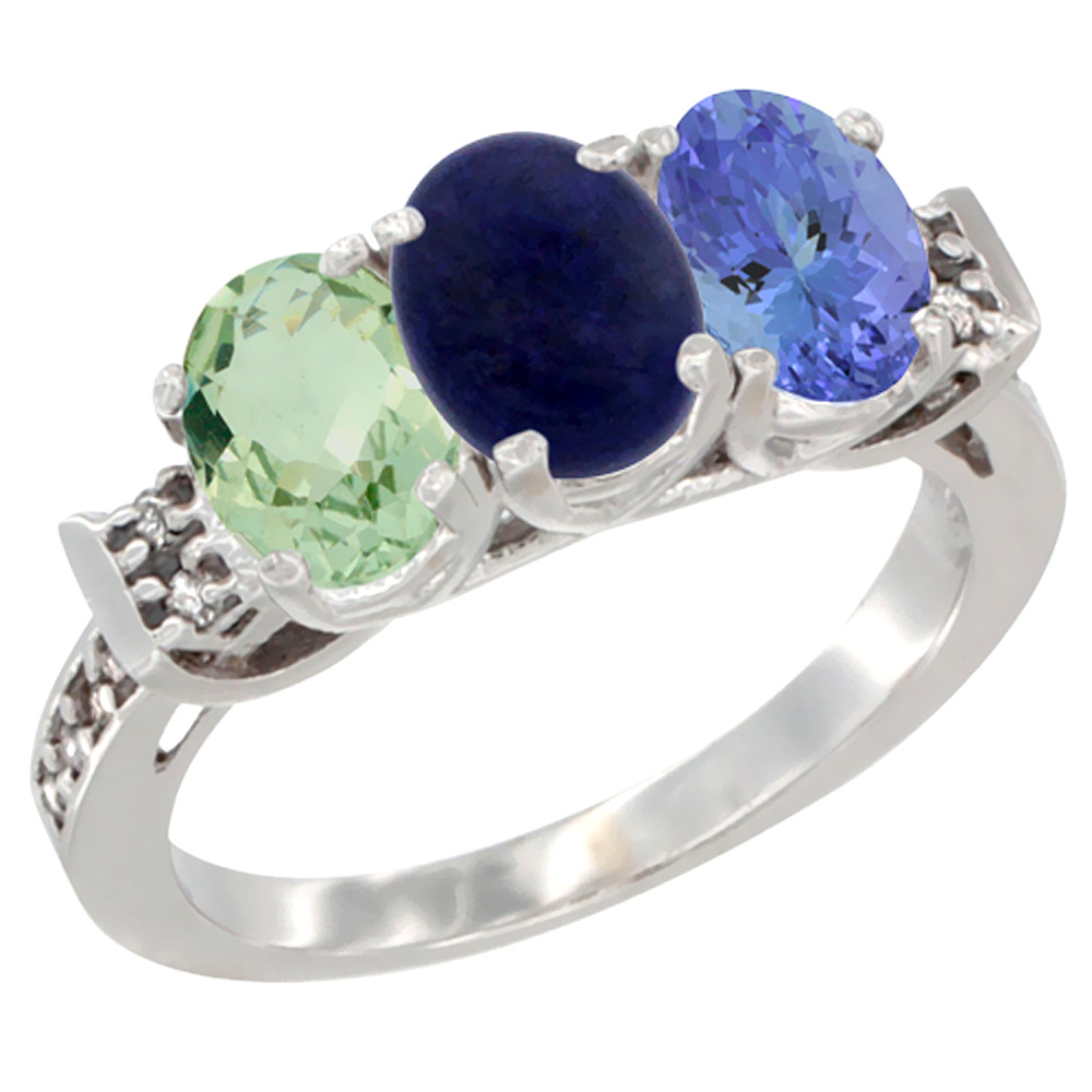 14K White Gold Natural Green Amethyst, Lapis & Tanzanite Ring 3-Stone 7x5 mm Oval Diamond Accent, sizes 5 - 10