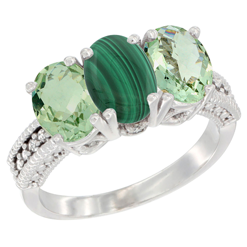 14K White Gold Natural Malachite &amp; Green Amethyst Sides Ring 3-Stone 7x5 mm Oval Diamond Accent, sizes 5 - 10