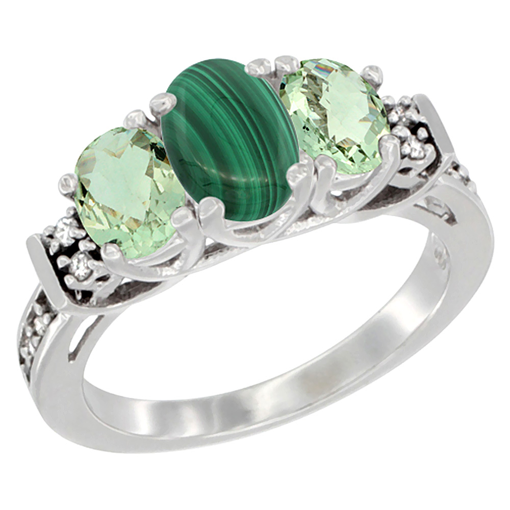 14K White Gold Natural Malachite & Green Amethyst Ring 3-Stone Oval Diamond Accent, sizes 5-10