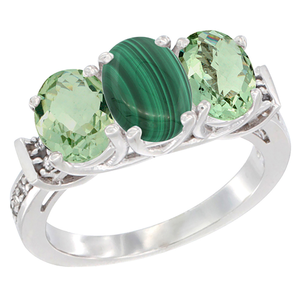 14K White Gold Natural Malachite & Green Amethyst Sides Ring 3-Stone Oval Diamond Accent, sizes 5 - 10