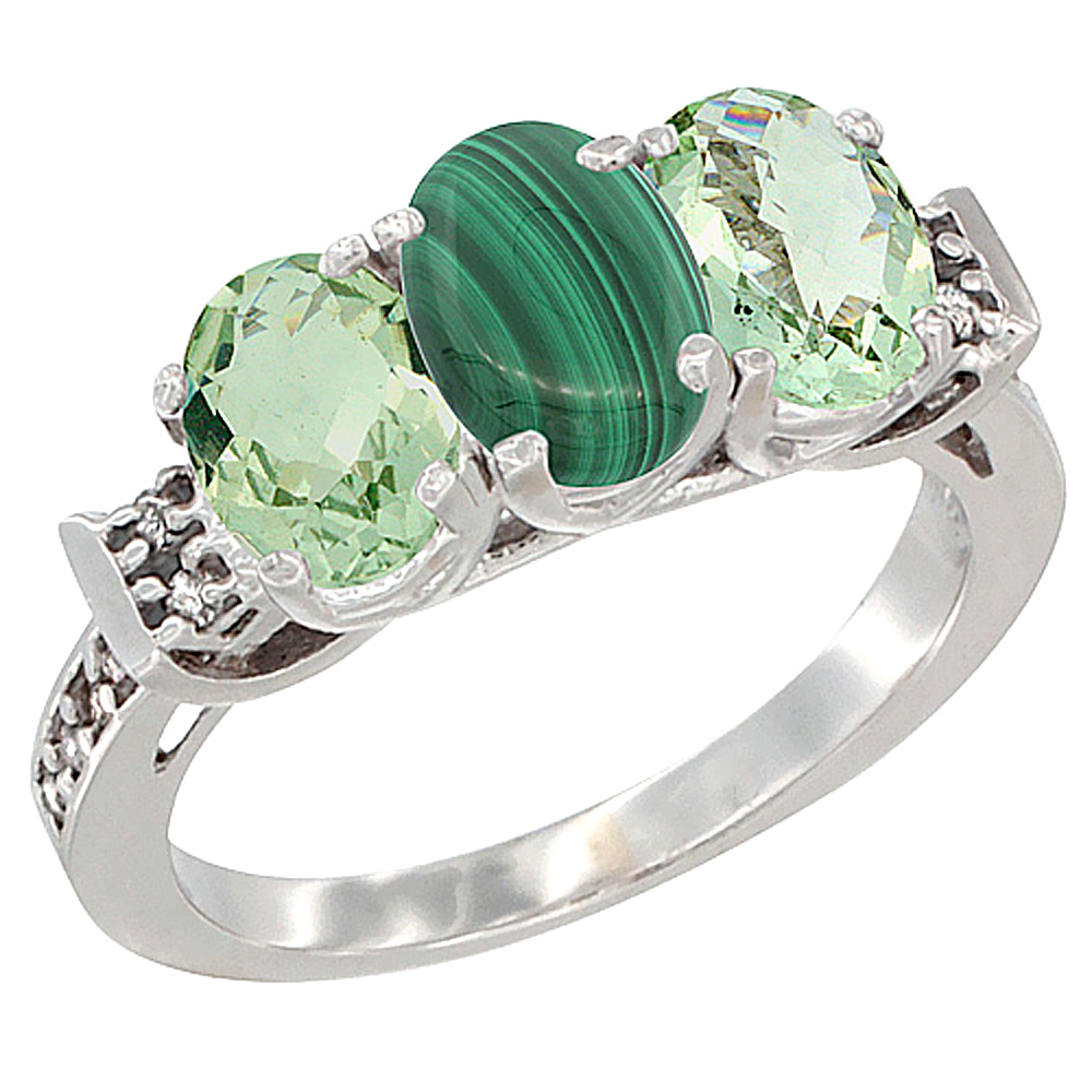 14K White Gold Natural Malachite &amp; Green Amethyst Sides Ring 3-Stone 7x5 mm Oval Diamond Accent, sizes 5 - 10