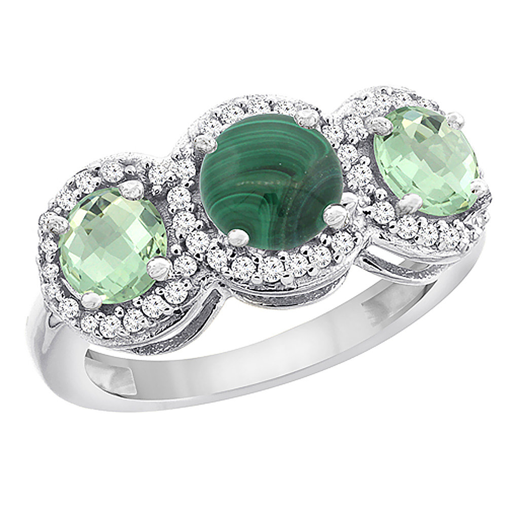 10K White Gold Natural Malachite & Green Amethyst Sides Round 3-stone Ring Diamond Accents, sizes 5 - 10