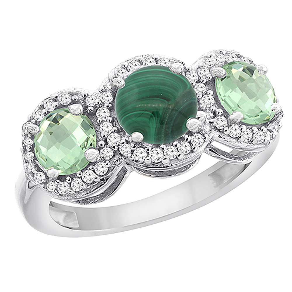 14K White Gold Natural Malachite &amp; Green Amethyst Sides Round 3-stone Ring Diamond Accents, sizes 5 - 10