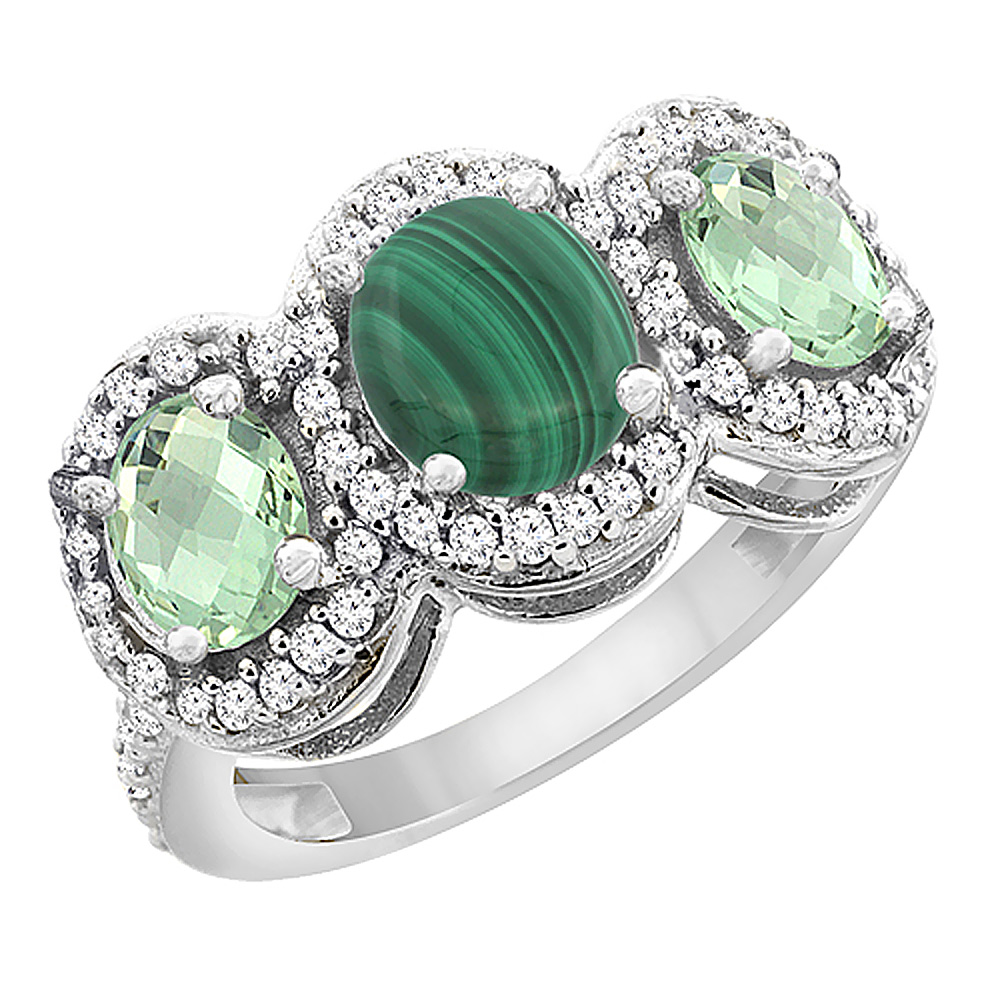 14K White Gold Natural Malachite & Green Amethyst 3-Stone Ring Oval Diamond Accent, sizes 5 - 10