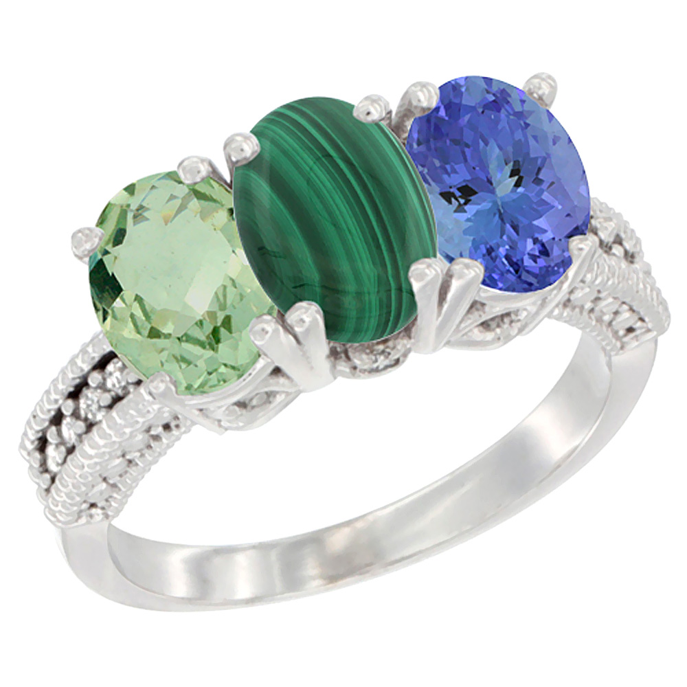 14K White Gold Natural Green Amethyst, Malachite &amp; Tanzanite Ring 3-Stone 7x5 mm Oval Diamond Accent, sizes 5 - 10