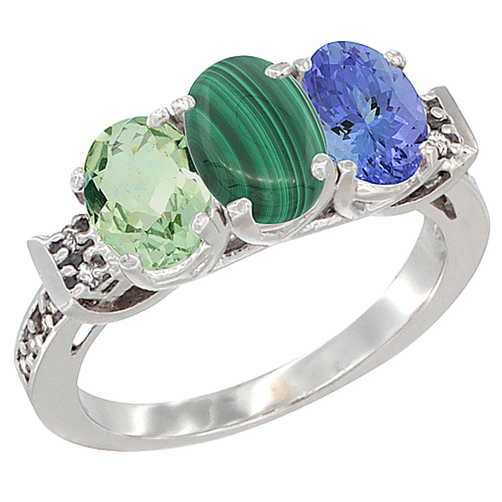 14K White Gold Natural Green Amethyst, Malachite &amp; Tanzanite Ring 3-Stone 7x5 mm Oval Diamond Accent, sizes 5 - 10