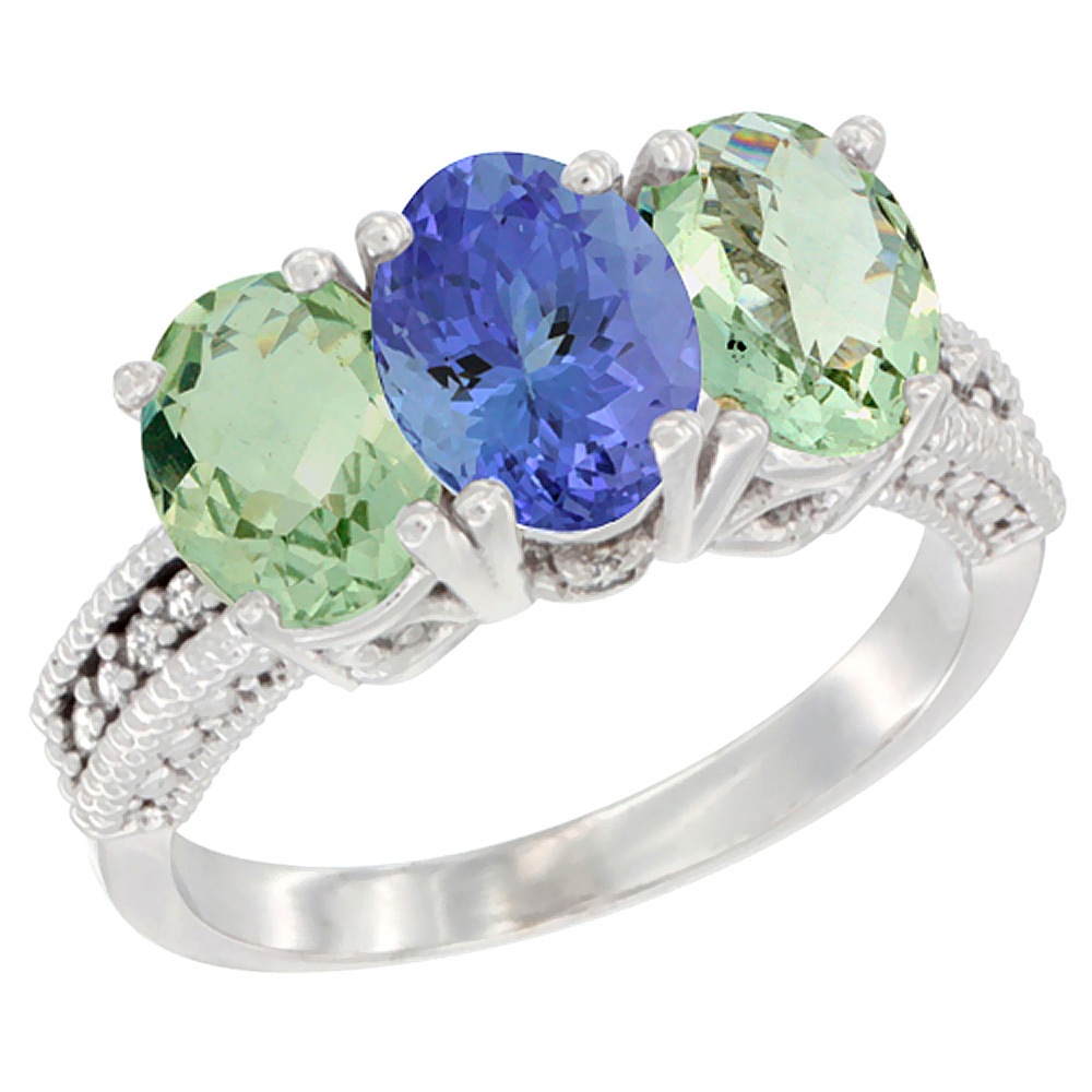 14K White Gold Natural Tanzanite & Green Amethyst Sides Ring 3-Stone 7x5 mm Oval Diamond Accent, sizes 5 - 10