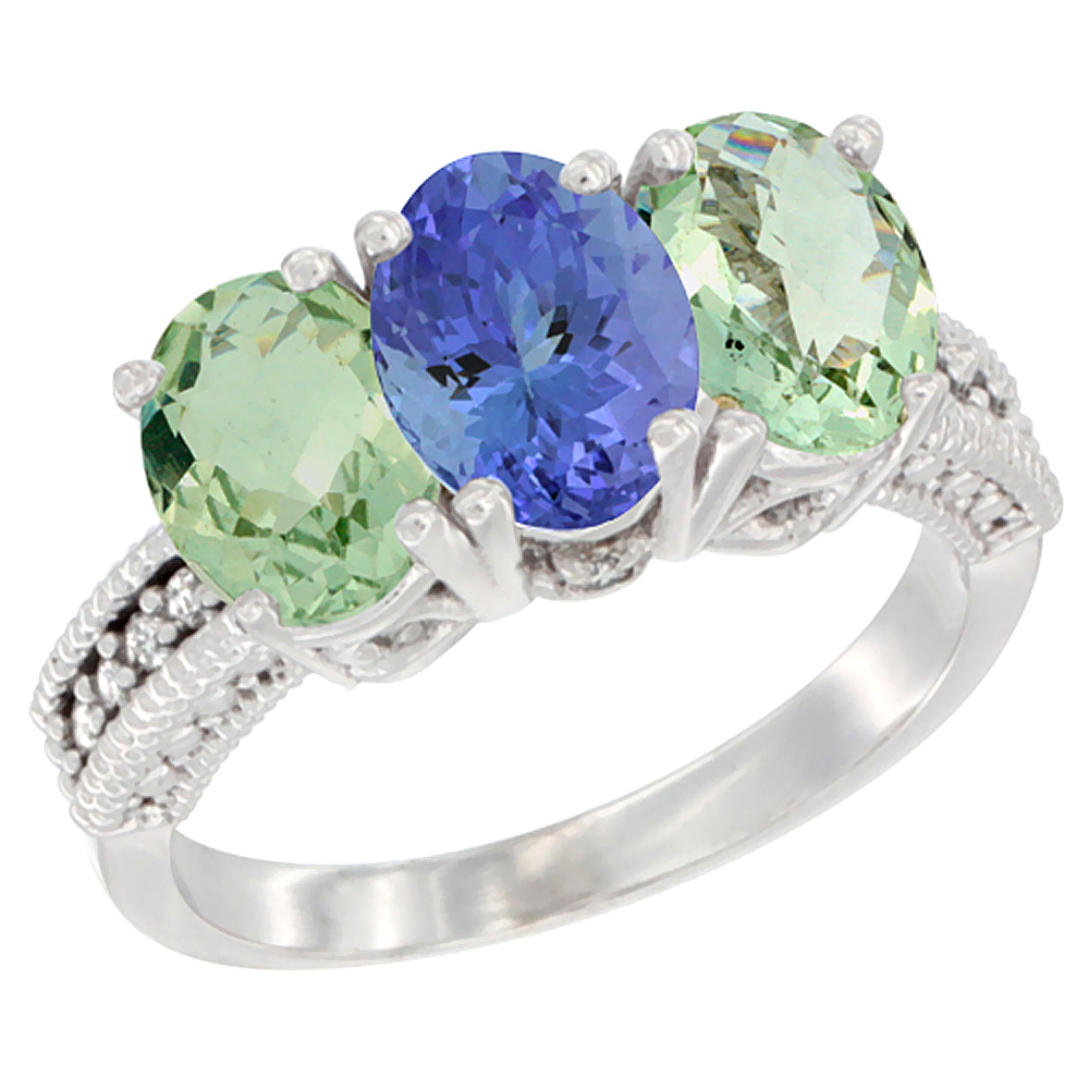 14K White Gold Natural Tanzanite &amp; Green Amethyst Sides Ring 3-Stone 7x5 mm Oval Diamond Accent, sizes 5 - 10