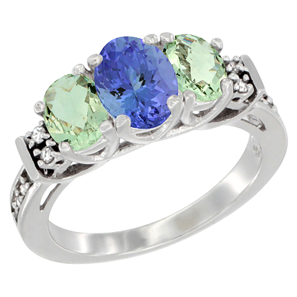 14K White Gold Natural Tanzanite &amp; Green Amethyst Ring 3-Stone Oval Diamond Accent, sizes 5-10