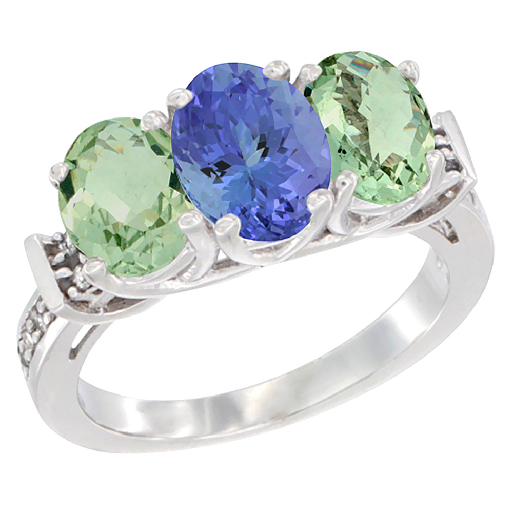 14K White Gold Natural Tanzanite & Green Amethyst Sides Ring 3-Stone Oval Diamond Accent, sizes 5 - 10