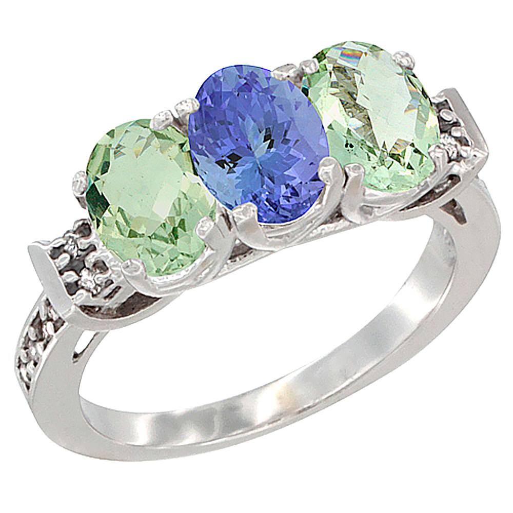 14K White Gold Natural Tanzanite &amp; Green Amethyst Sides Ring 3-Stone 7x5 mm Oval Diamond Accent, sizes 5 - 10