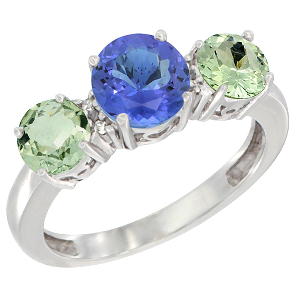 10K White Gold Round 3-Stone Natural Tanzanite Ring & Green Amethyst Sides Diamond Accent, sizes 5 - 10