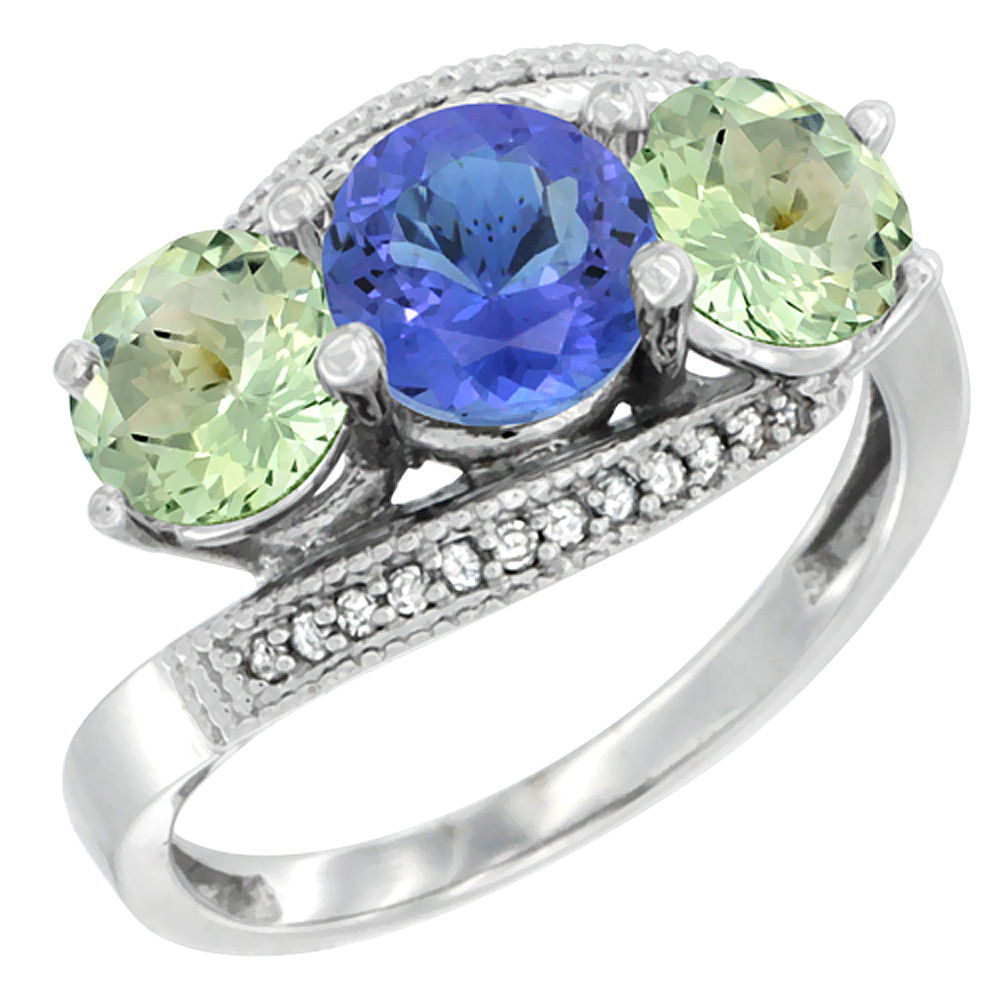 14K White Gold Natural Tanzanite & Green Amethyst Sides 3 stone Ring Round 6mm Diamond Accent, sizes 5 - 10