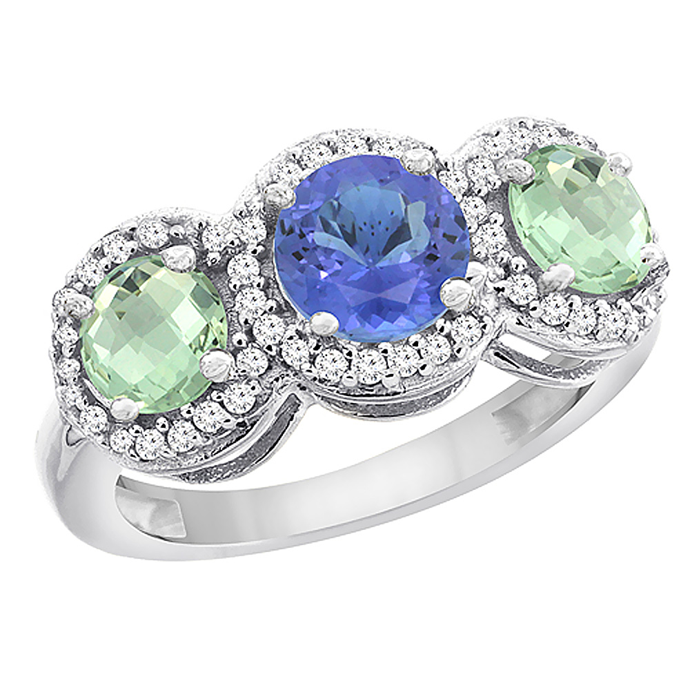 10K White Gold Natural Tanzanite & Green Amethyst Sides Round 3-stone Ring Diamond Accents, sizes 5 - 10