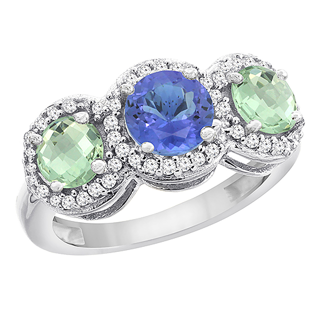 10K White Gold Natural Tanzanite &amp; Green Amethyst Sides Round 3-stone Ring Diamond Accents, sizes 5 - 10