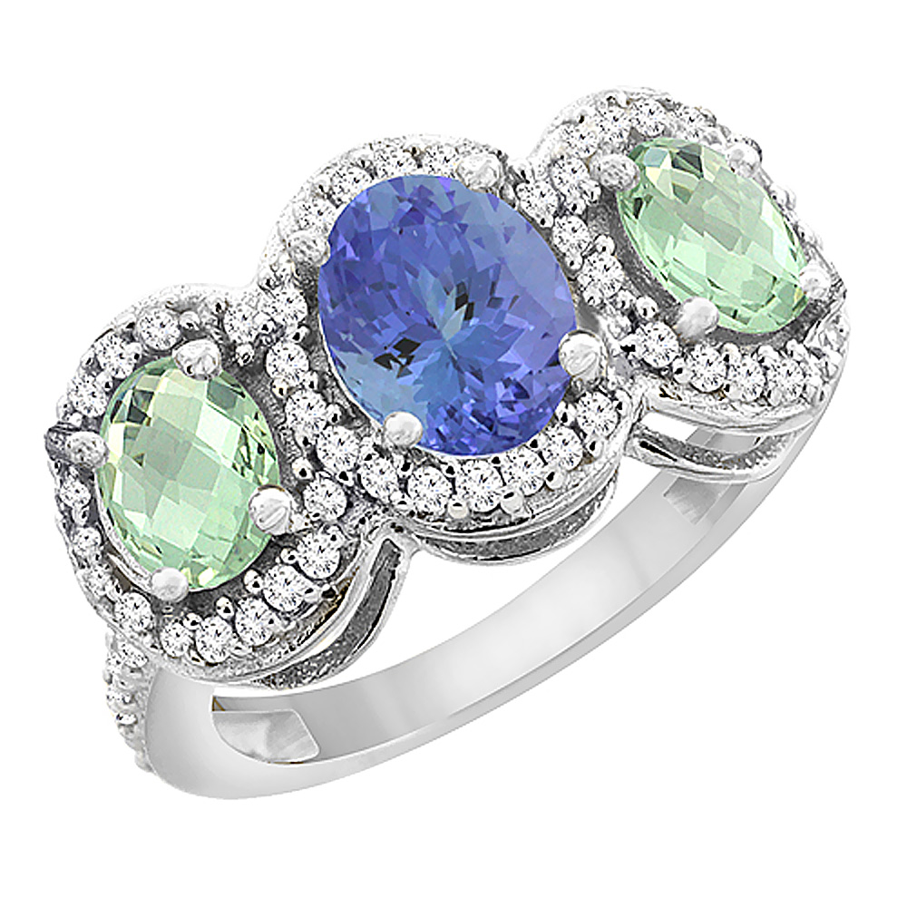 14K White Gold Natural Tanzanite & Green Amethyst 3-Stone Ring Oval Diamond Accent, sizes 5 - 10