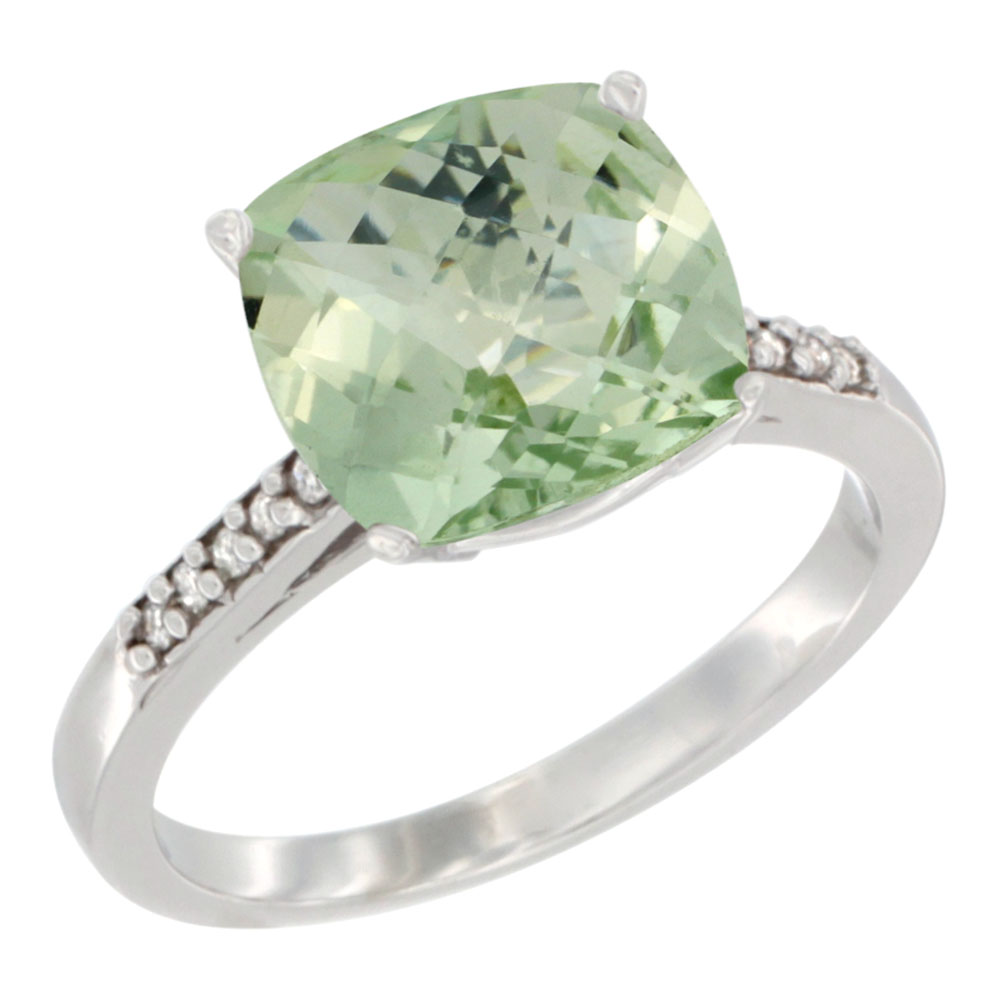 14K Yellow Gold Natural Green Amethyst Ring 9 mm Cushion-cut Diamond accent, sizes 5 - 10