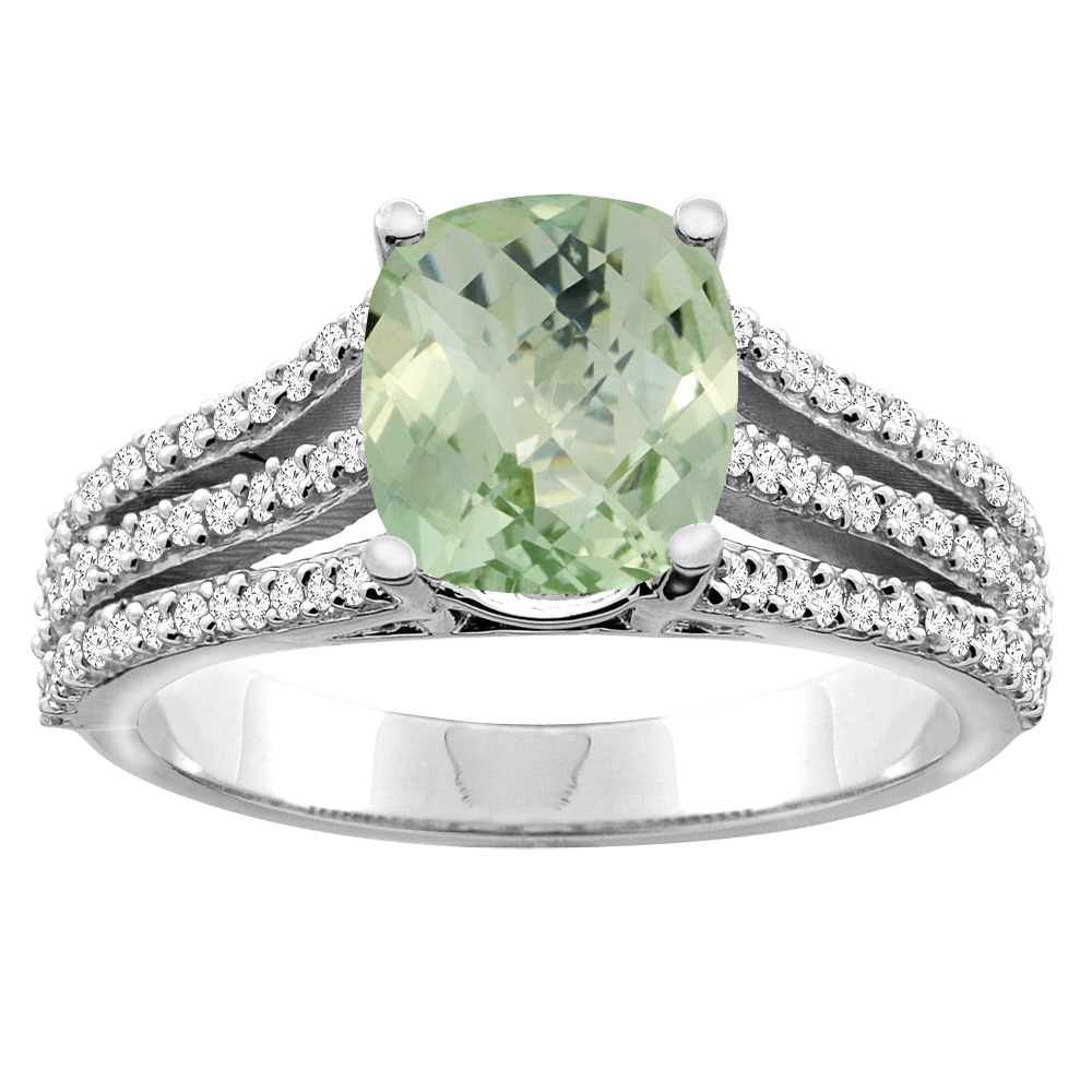 10K Yellow Gold Diamond Natural Green Amethyst Tri-split Ring Cushion-cut 8x6mm, sizes 5 - 10