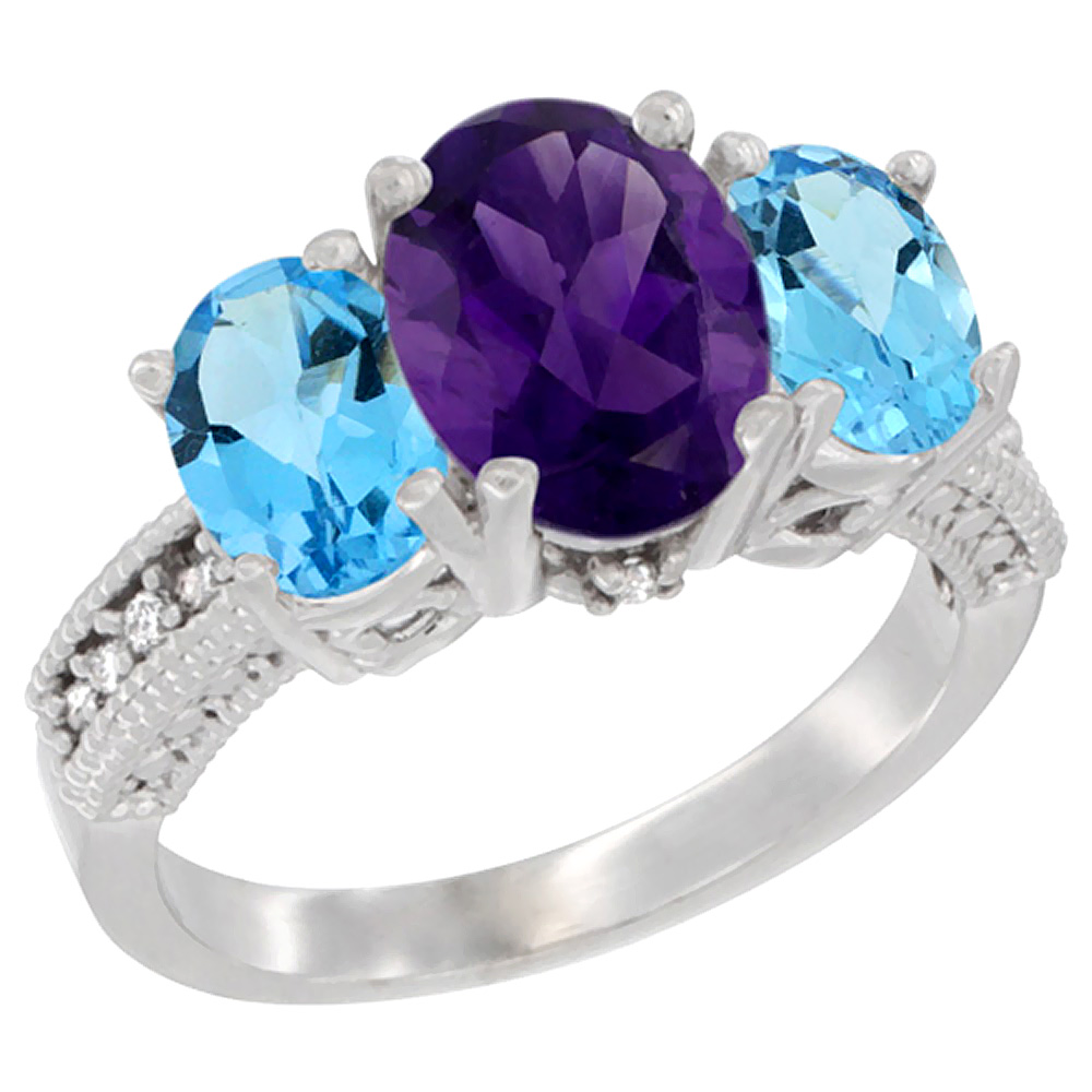 10K White Gold Diamond Natural Amethyst Ring 3-Stone Oval 8x6mm with Swiss Blue Topaz, sizes5-10