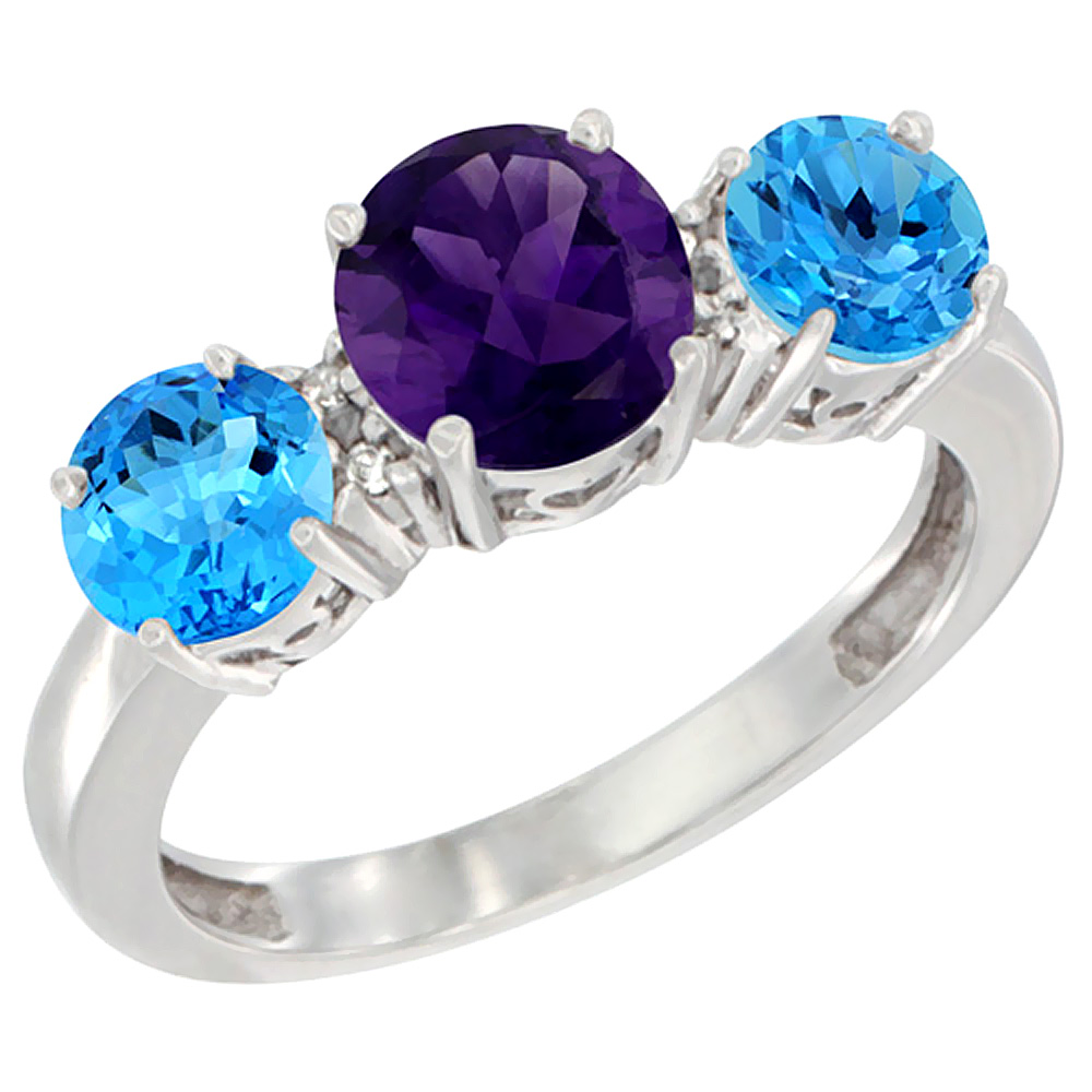 14K White Gold Round 3-Stone Natural Amethyst Ring & Swiss Blue Topaz Sides Diamond Accent, sizes 5 - 10